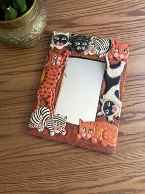 Vintage Wooden Folk Art Mirror Carved Cats Hand Painted Mirror 16x12”